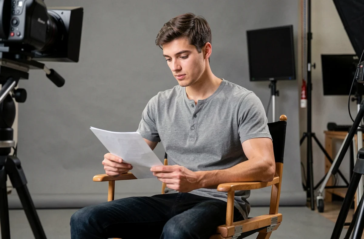 Jeune acteur étudiant son script sur un plateau de cinéma, illustrant les différences de jeu entre théâtre et cinéma au Cours Florent