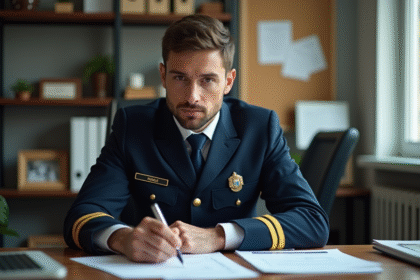 Agent de secteur homme en uniforme dans son bureau
