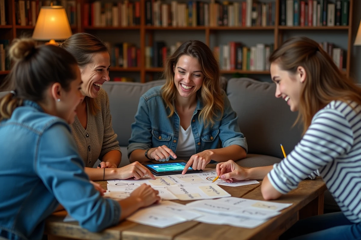 Groupe d'amis jouant au pendu et au petit Bac autour d'une table basse avec des listes de mots en Q