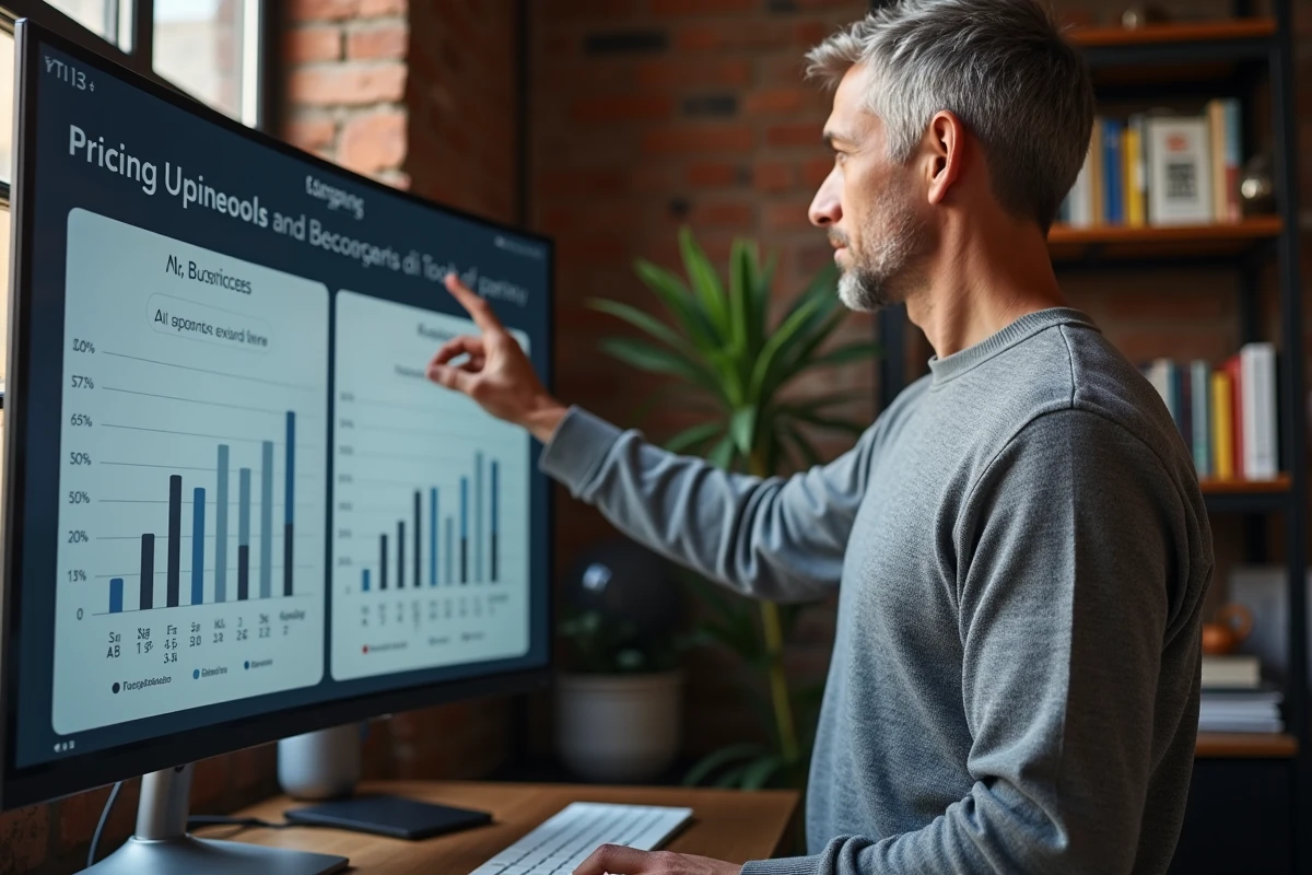 Homme analysant des tableaux comparatifs de prix d'outils IA sur un grand écran dans un bureau à domicile