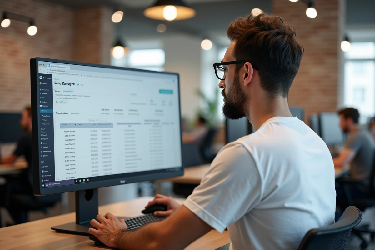 Homme analysant les coûts d'abonnement d'un logiciel emailing dans un espace de co-working