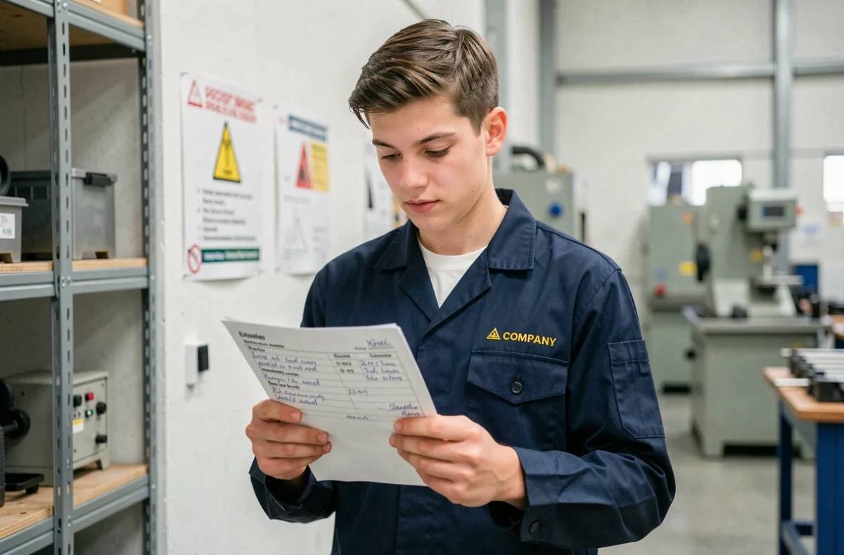 Jeune apprenti en stage professionnel lisant son appréciation de tuteur dans un atelier de formation en entreprise
