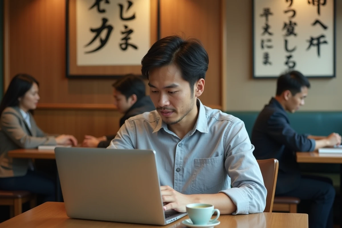 Homme anglophone travaillant sur une application d'apprentissage du japonais et du chinois dans un café de Tokyo
