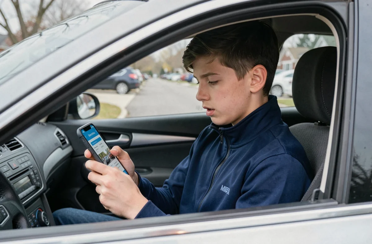 Adolescent qui révise les questions du permis de conduire sur une application mobile dans une voiture