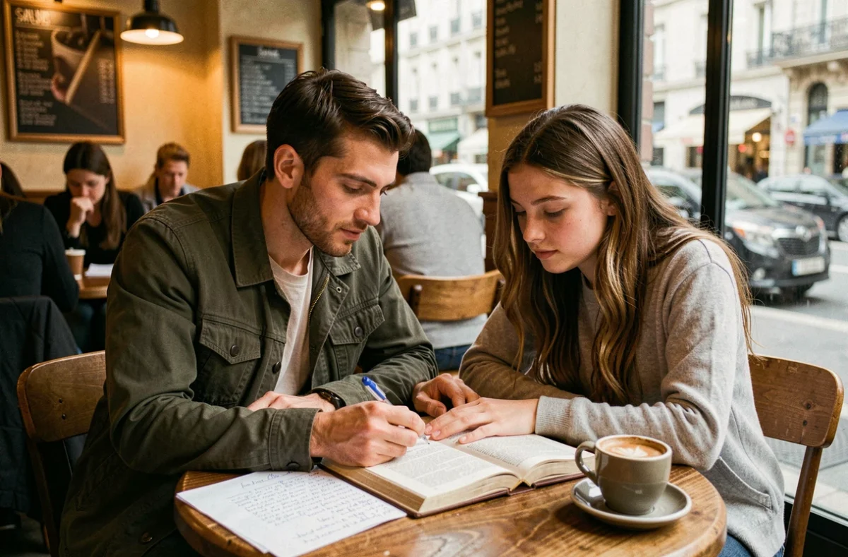 Professeur Apprentus en cours particulier avec une lycéenne dans un café en Île-de-France