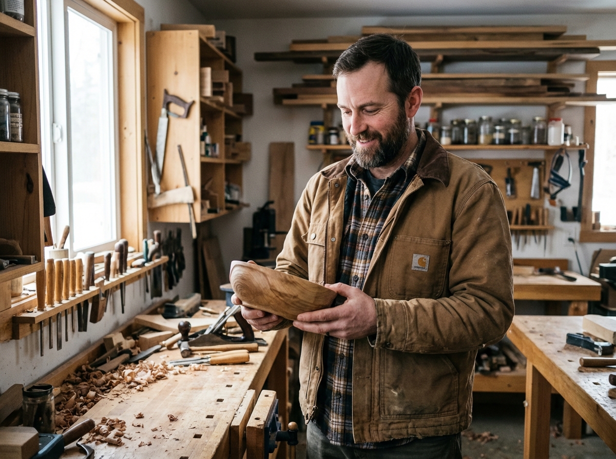 Homme artisan fièrement avec objet en bois dans son atelier