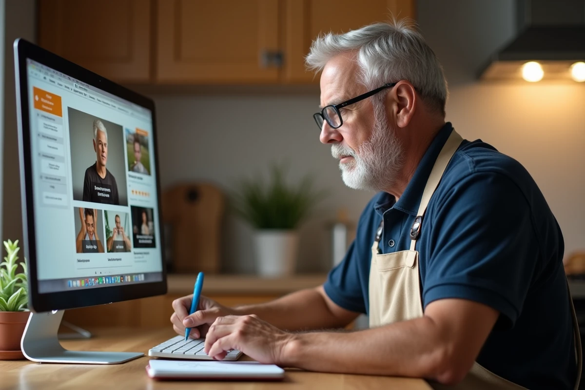 Homme évaluant la qualité d'un cours de bricolage en ligne avec avis et notes sur ordinateur