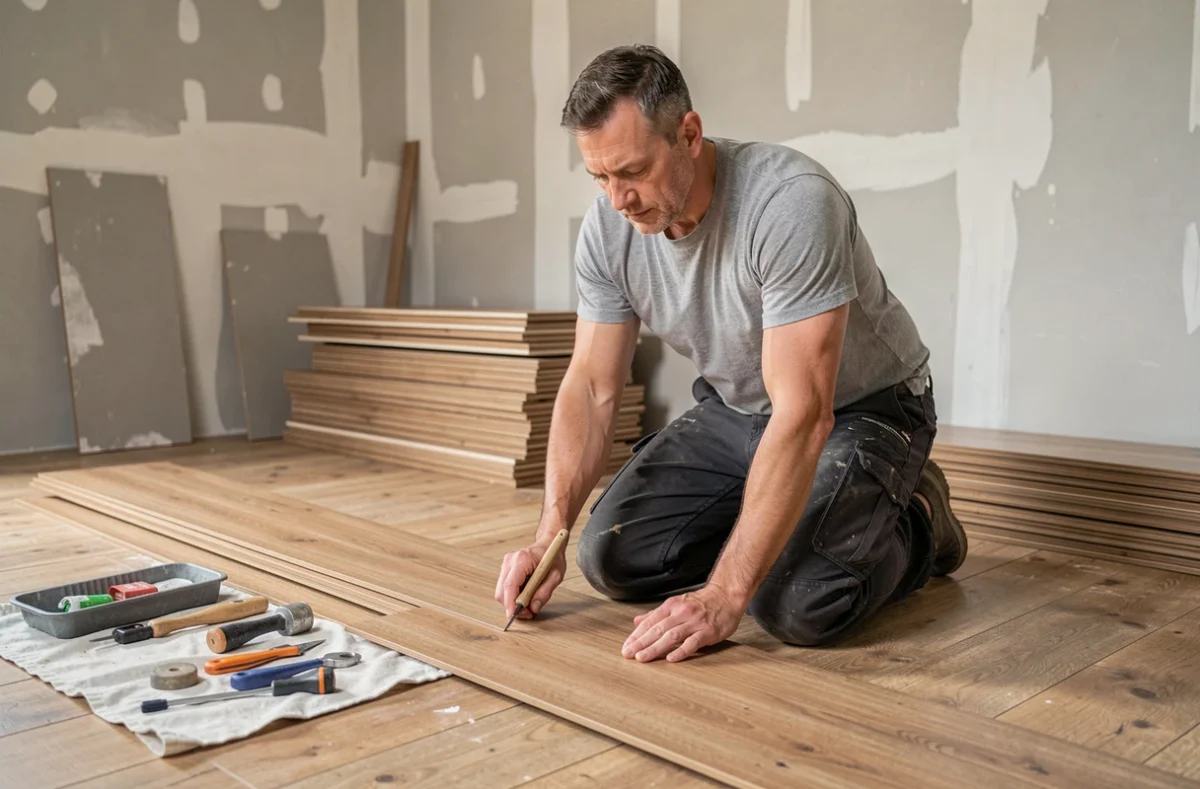 Un bricoleur confirmé installe un parquet stratifié dans un salon en cours de rénovation après avoir suivi une formation CPF maformationbrico