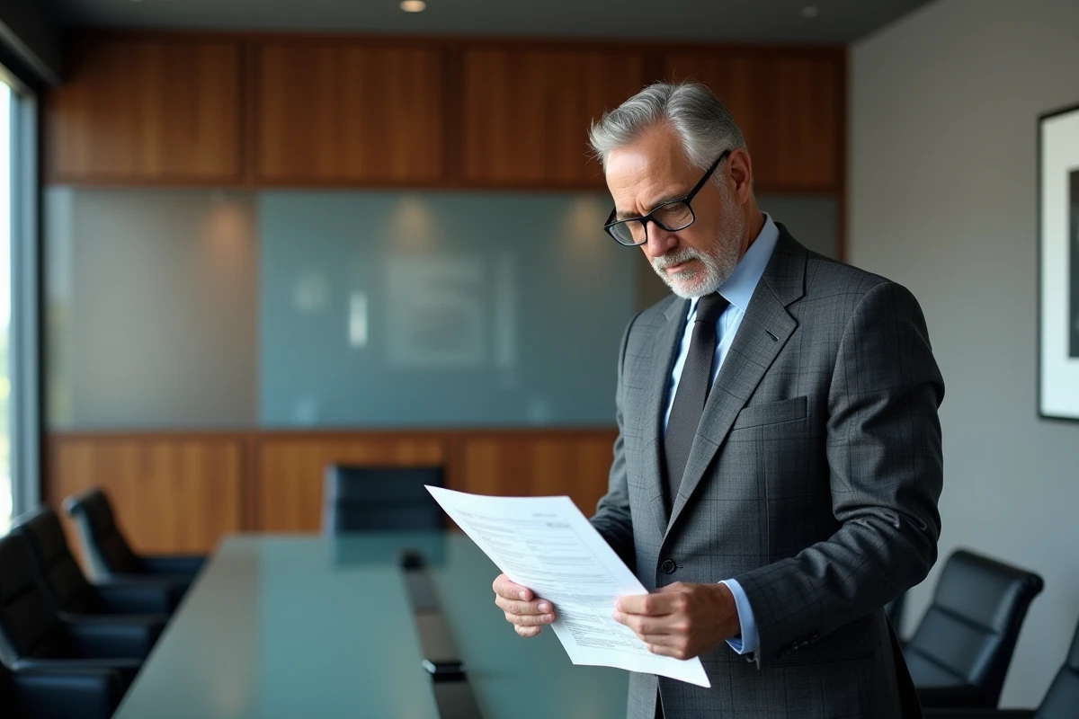 Cadre dirigeant en costume examinant une lettre de recommandation lors d'une réunion professionnelle
