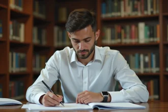 Jeune candidat révisant ses notes dans une bibliothèque universitaire en préparation aux concours des écoles de Saint-Cyr