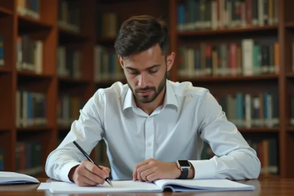 Jeune candidat révisant ses notes dans une bibliothèque universitaire en préparation aux concours des écoles de Saint-Cyr