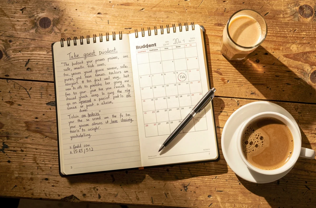 Carnet de budget et calendrier posés sur une table en bois