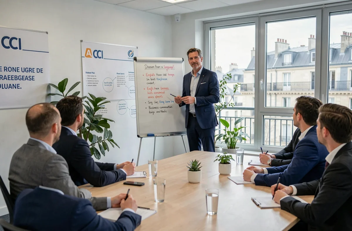 Formateur animant un cours de langues professionnelles pour entreprises dans un centre CCI en Loire