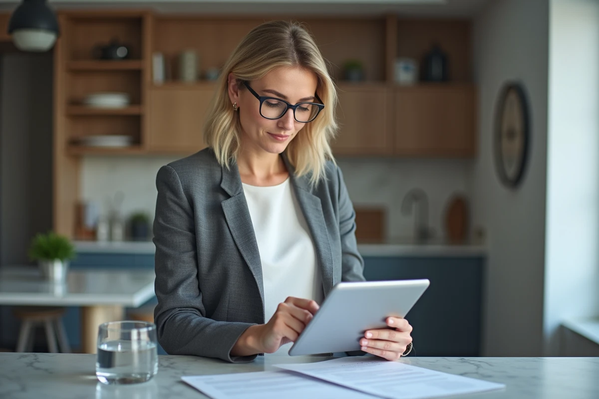 Cheffe d'entreprise consultant les tarifs d'un logiciel emailing sur tablette avec des documents budgétaires
