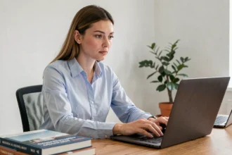 Chercheuse consultant les résultats du concours CNRS 2026 sur son ordinateur portable dans un bureau à domicile