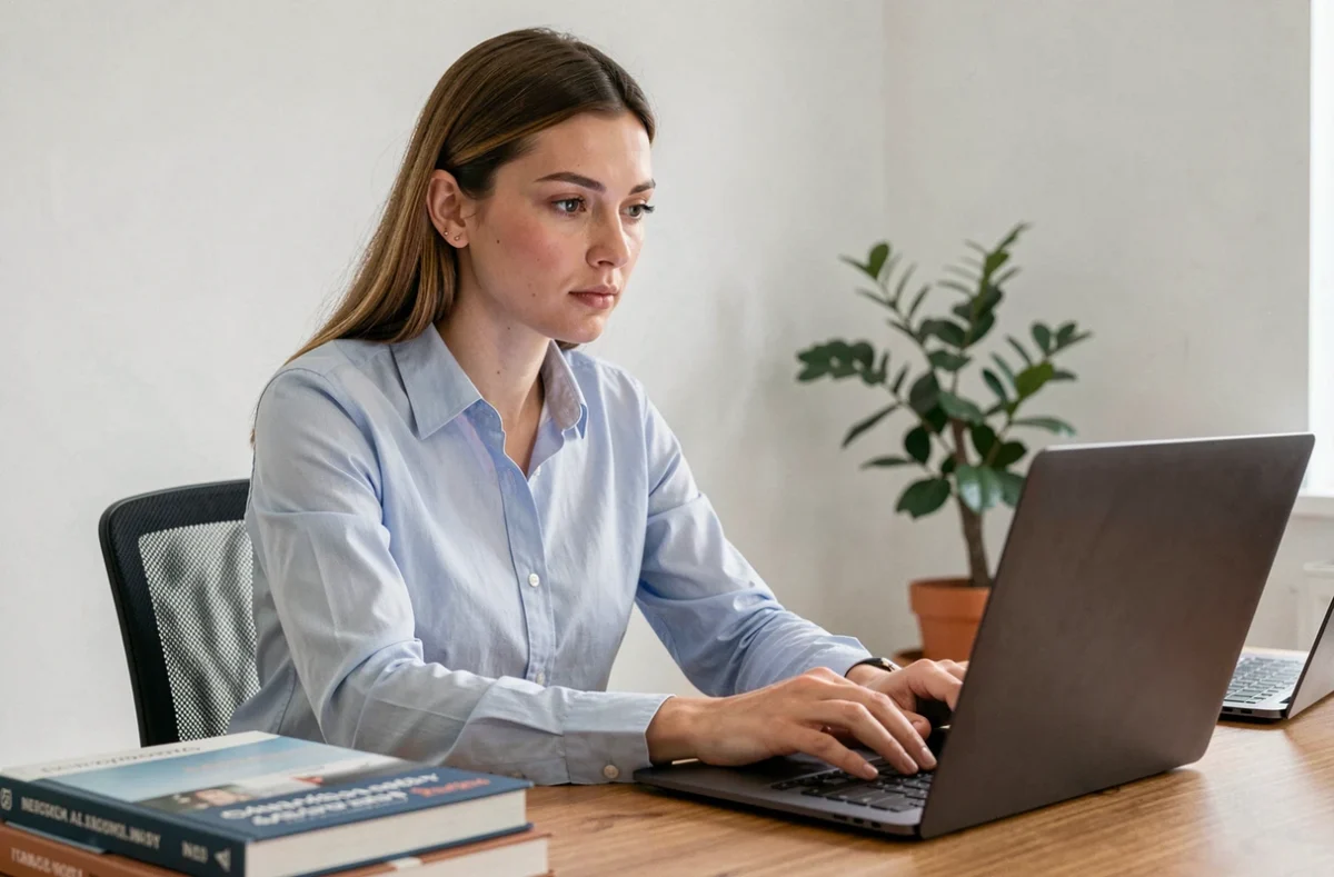 Chercheuse consultant les résultats du concours CNRS 2026 sur son ordinateur portable dans un bureau à domicile