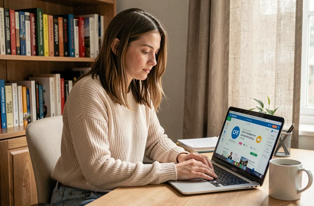 Jeune femme suivant une formation linguistique à distance via le CPF sur son ordinateur portable