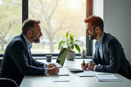 Coach et client discutant stratégies de prix dans un bureau lumineux