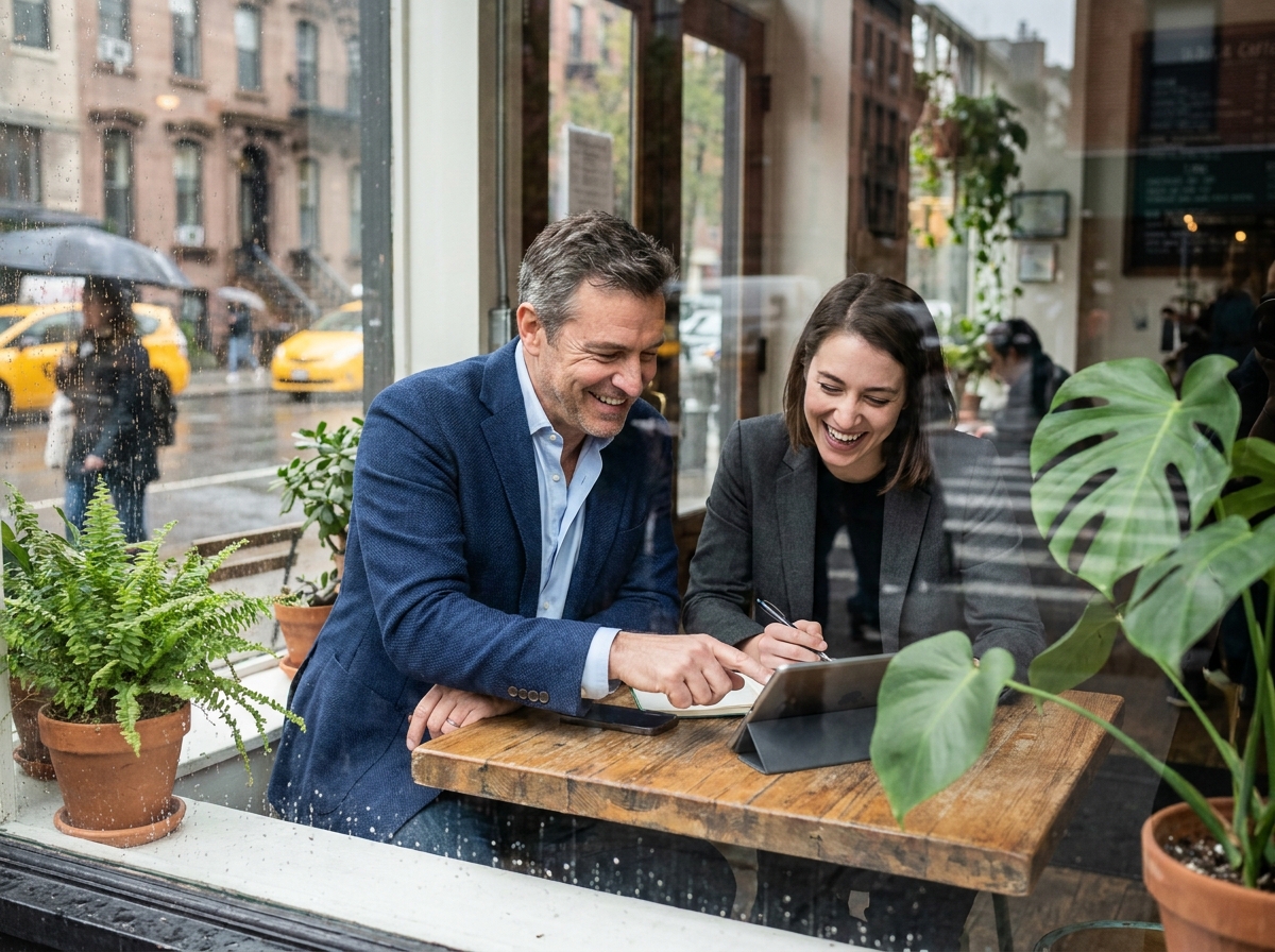 Conversation entre un homme et une femme dans un café cosy
