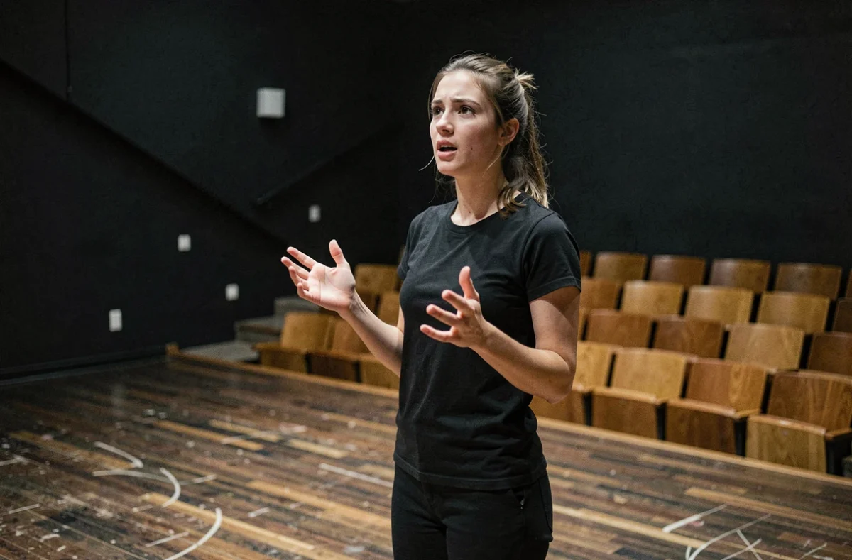 Jeune comédienne en répétition sur scène dans un théâtre de cours d'art dramatique, exprimant une émotion intense dans une salle noire