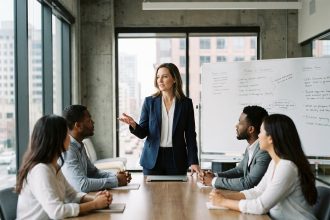 Manager femme animant une réunion d'équipe dans un bureau moderne, communication managériale en action