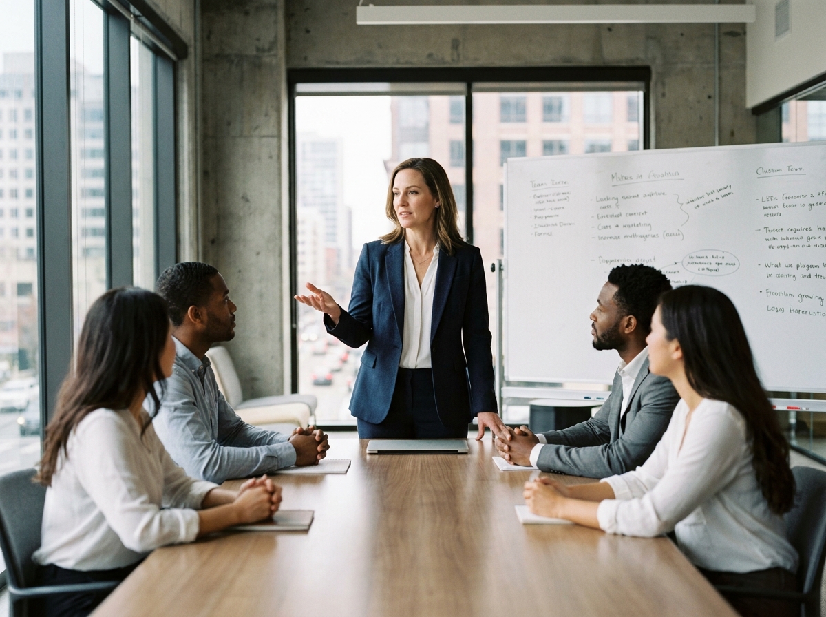 Manager femme animant une réunion d'équipe dans un bureau moderne, communication managériale en action