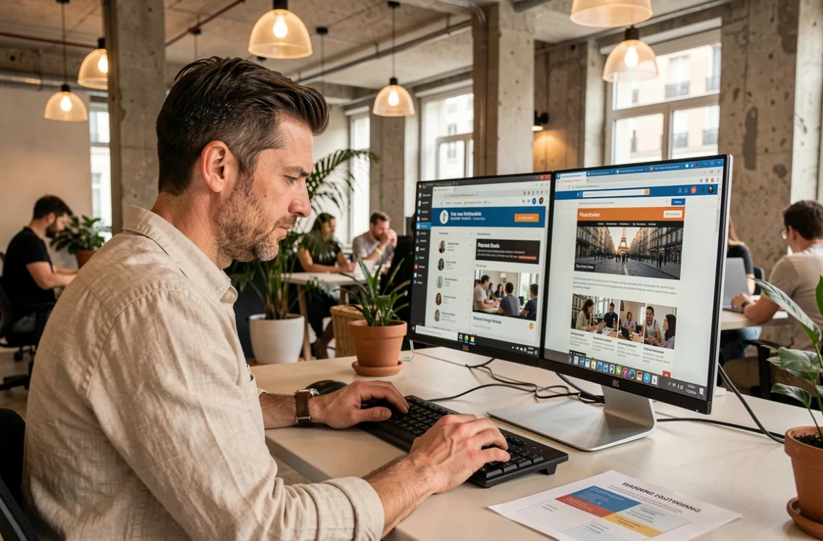 Homme en espace de coworking parisien comparant une formation digitale en ligne et une école classique sur son écran d'ordinateur