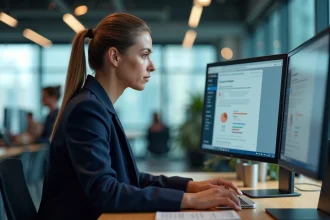 Femme professionnelle comparant deux plateformes numériques Neomagora et MyNEOMAgora sur un écran d'ordinateur dans un bureau moderne