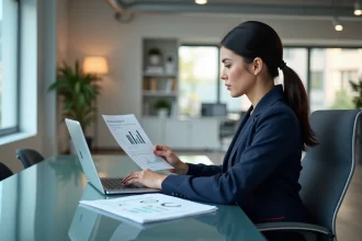 Femme comparant les prix de plateformes IA sur un ordinateur portable dans un bureau moderne