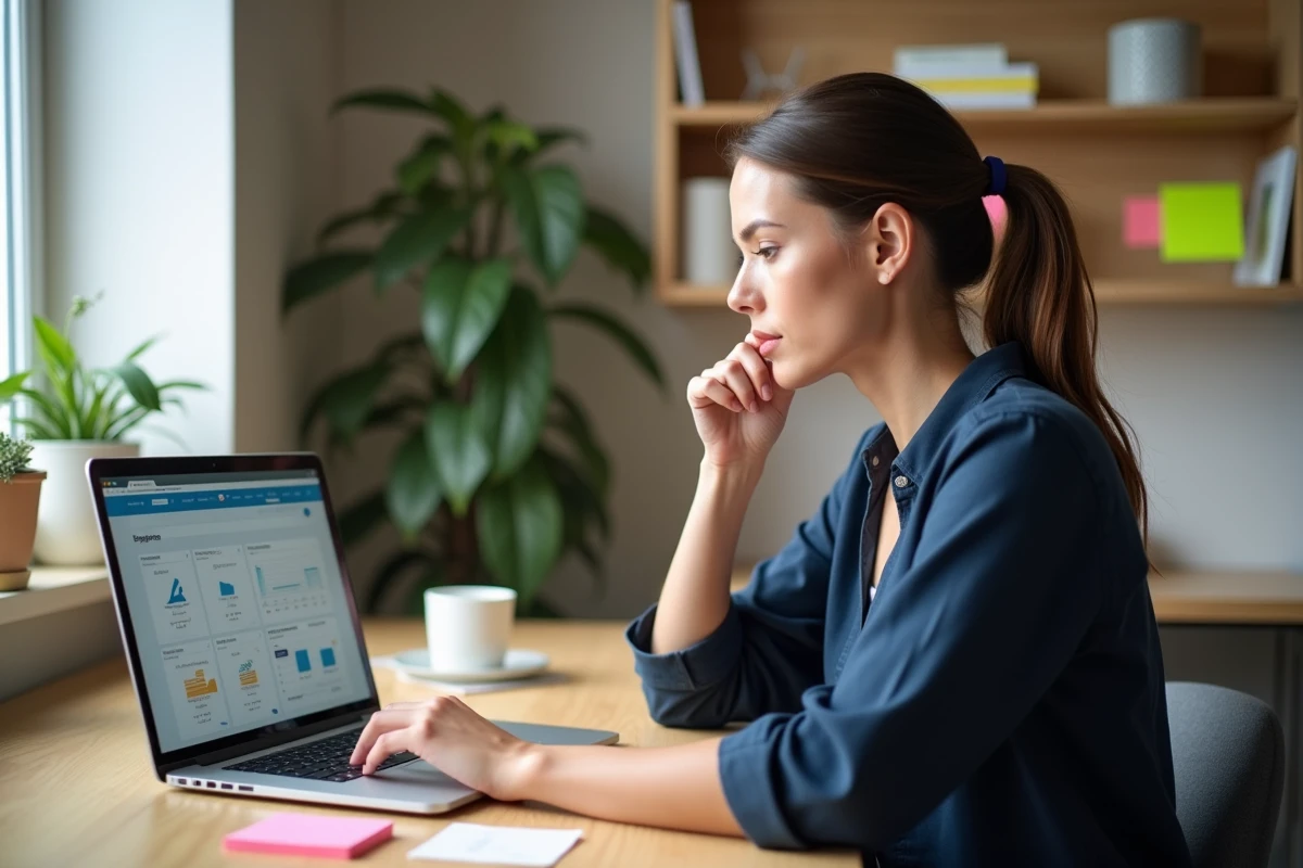 Femme comparant les tarifs de logiciels emailing sur un ordinateur portable dans un bureau à domicile