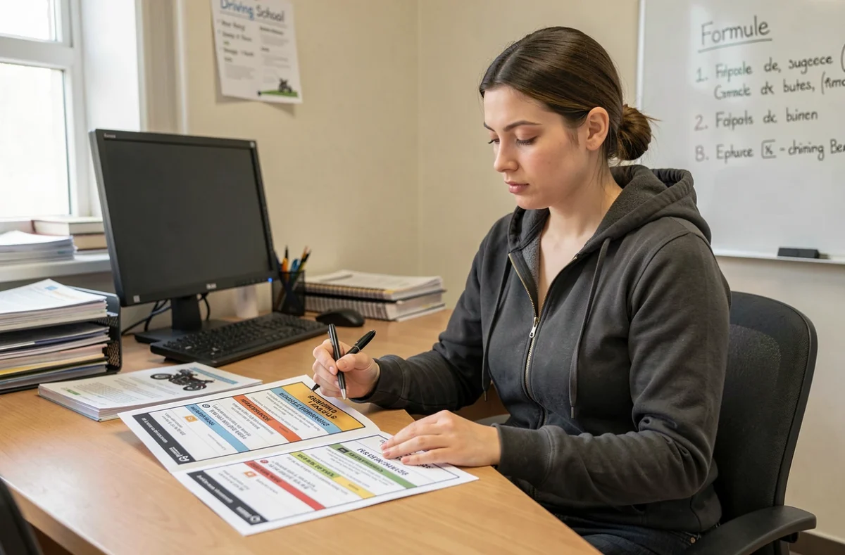 Femme comparant des formules de prix pour le permis moto sans code dans un bureau d'auto-école
