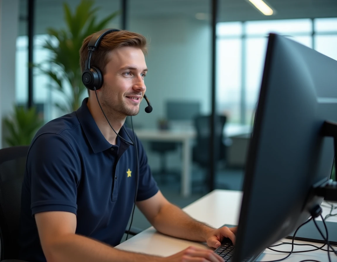Conseiller du support technique mycampus.eduservices.org travaillant à son bureau avec casque et double écran