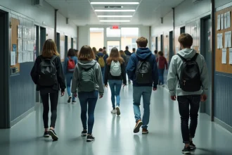 Couloir animé d'un grand lycée français avec des élèves circulant entre les cours