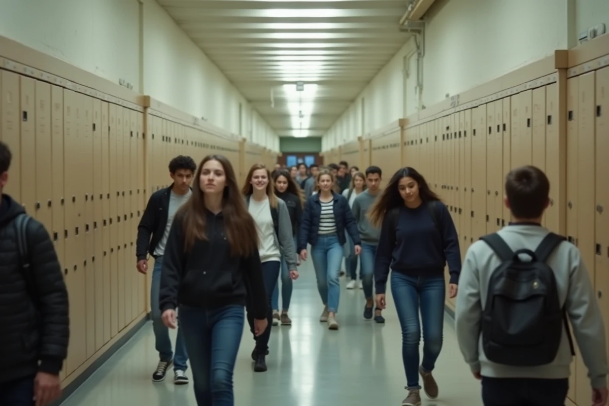Couloir bondé d'un grand lycée français avec des élèves circulant entre les cours