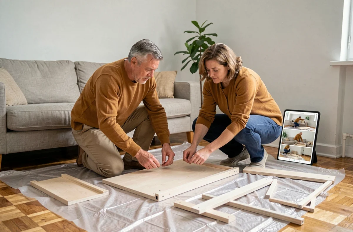 Couple dans la cinquantaine assemblant un meuble en kit à domicile avec l'aide d'un tutoriel vidéo sur tablette