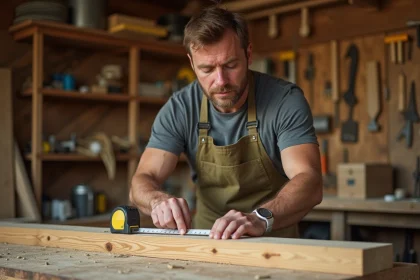 Homme adulte apprenant le bricolage en mesurant une planche en bois dans un atelier fait maison lors d'un cours pratique