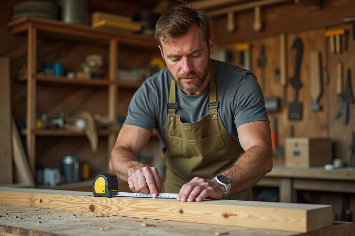 Homme adulte apprenant le bricolage en mesurant une planche en bois dans un atelier fait maison lors d'un cours pratique