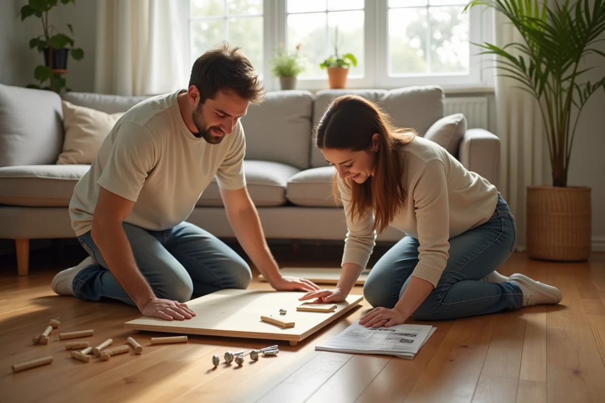 Couple assemblant un meuble en bois sur le parquet d'un salon lors d'un cours de bricolage à domicile