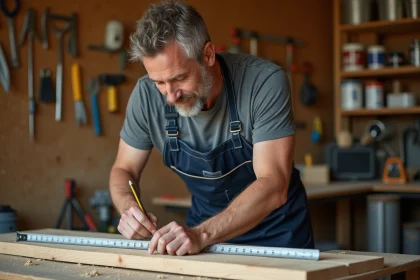 Homme en tablier de bricolage mesurant une planche en bois dans un atelier de garage à domicile