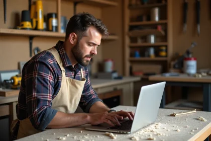 Un homme adulte suit un cours de bricolage en ligne sur son ordinateur portable dans un atelier domestique bien équipé