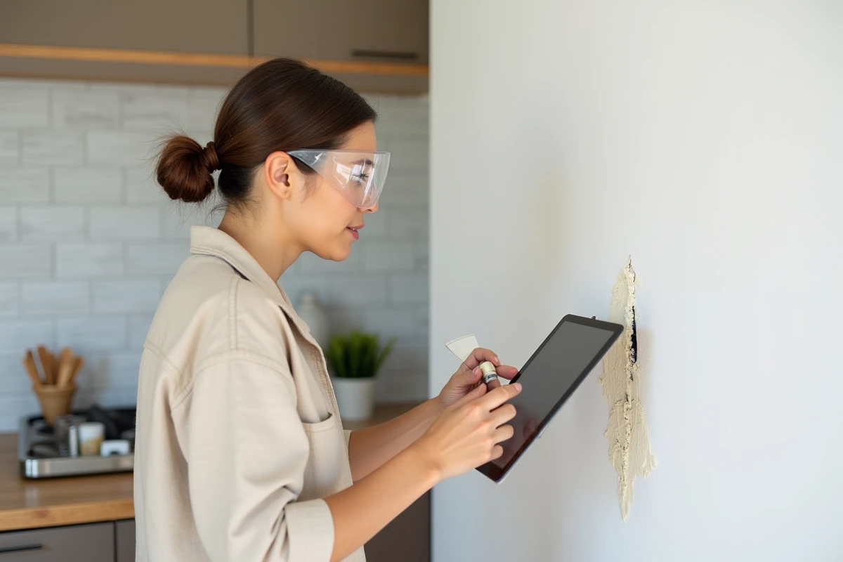 Femme suivant un cours de bricolage en ligne sur tablette tout en réparant un mur dans sa cuisine