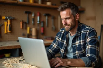 Homme regardant un cours de bricolage en vidéo sur un ordinateur portable dans un atelier à domicile