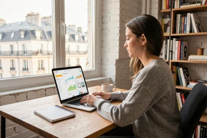 Jeune femme suivant un cours digital en ligne depuis son appartement parisien avec vue sur les toits haussmanniens