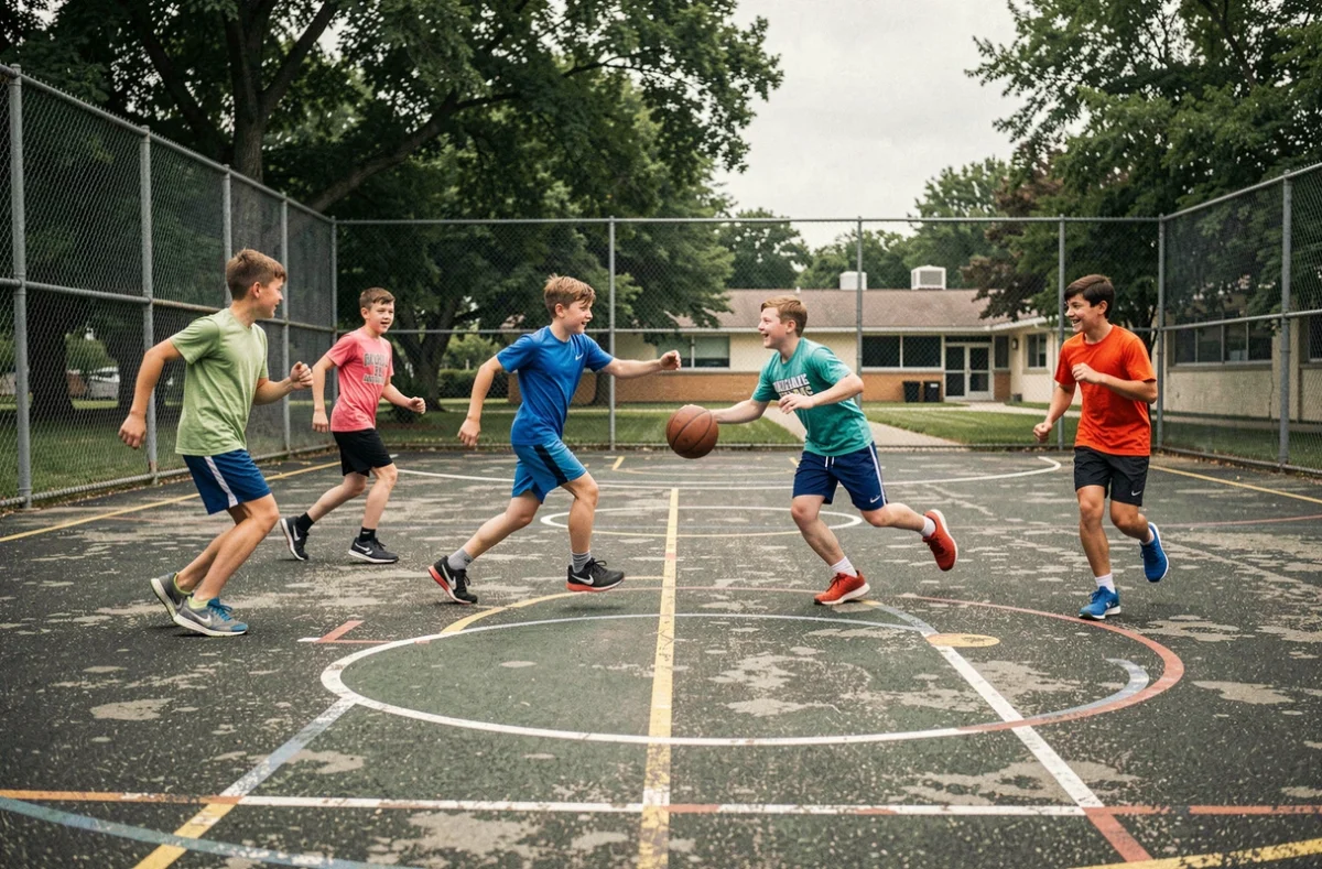 Cours d'éducation physique au collège Jean Rostand, élèves jouant au basket sur le terrain extérieur