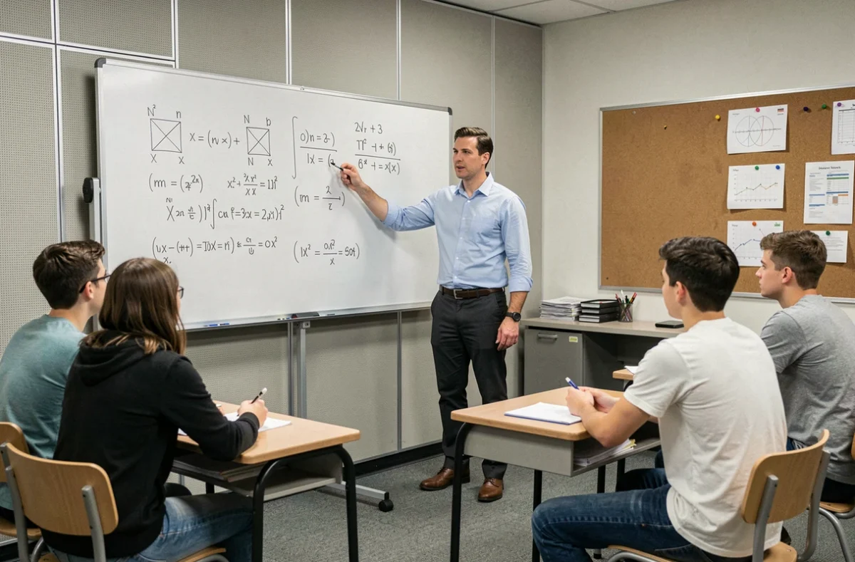 Professeur des Cours Legendre animant un stage de révision pour des lycéens dans une salle de cours