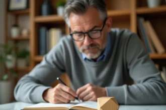 Homme examinant un cube en bois sur un bureau avec des formules de conversion de volume écrites dans un carnet