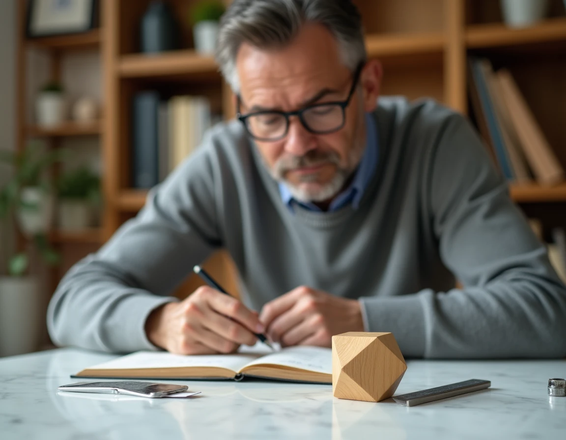 Homme examinant un cube en bois sur un bureau avec des formules de conversion de volume écrites dans un carnet
