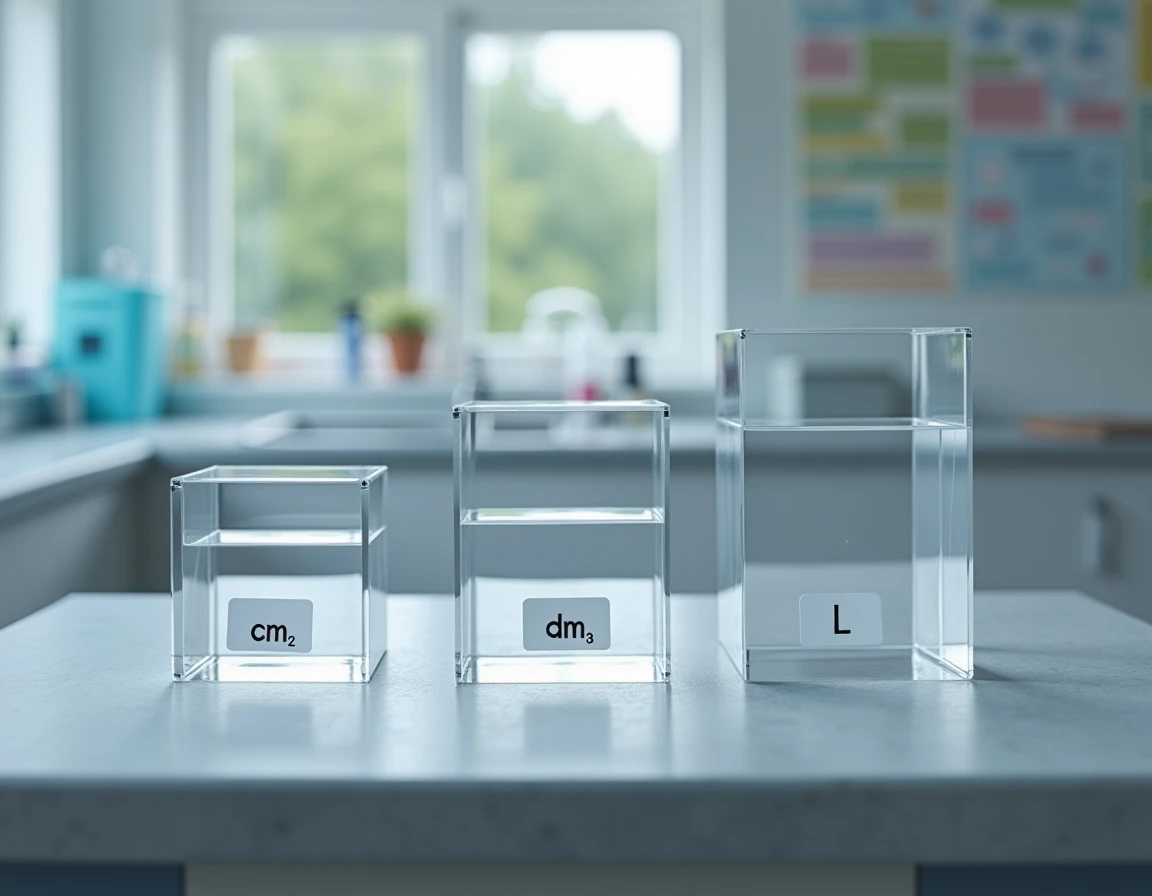 Trois cubes en acrylique transparent de tailles différentes étiquetés en cm³, dm³ et litres sur un plan de travail en béton