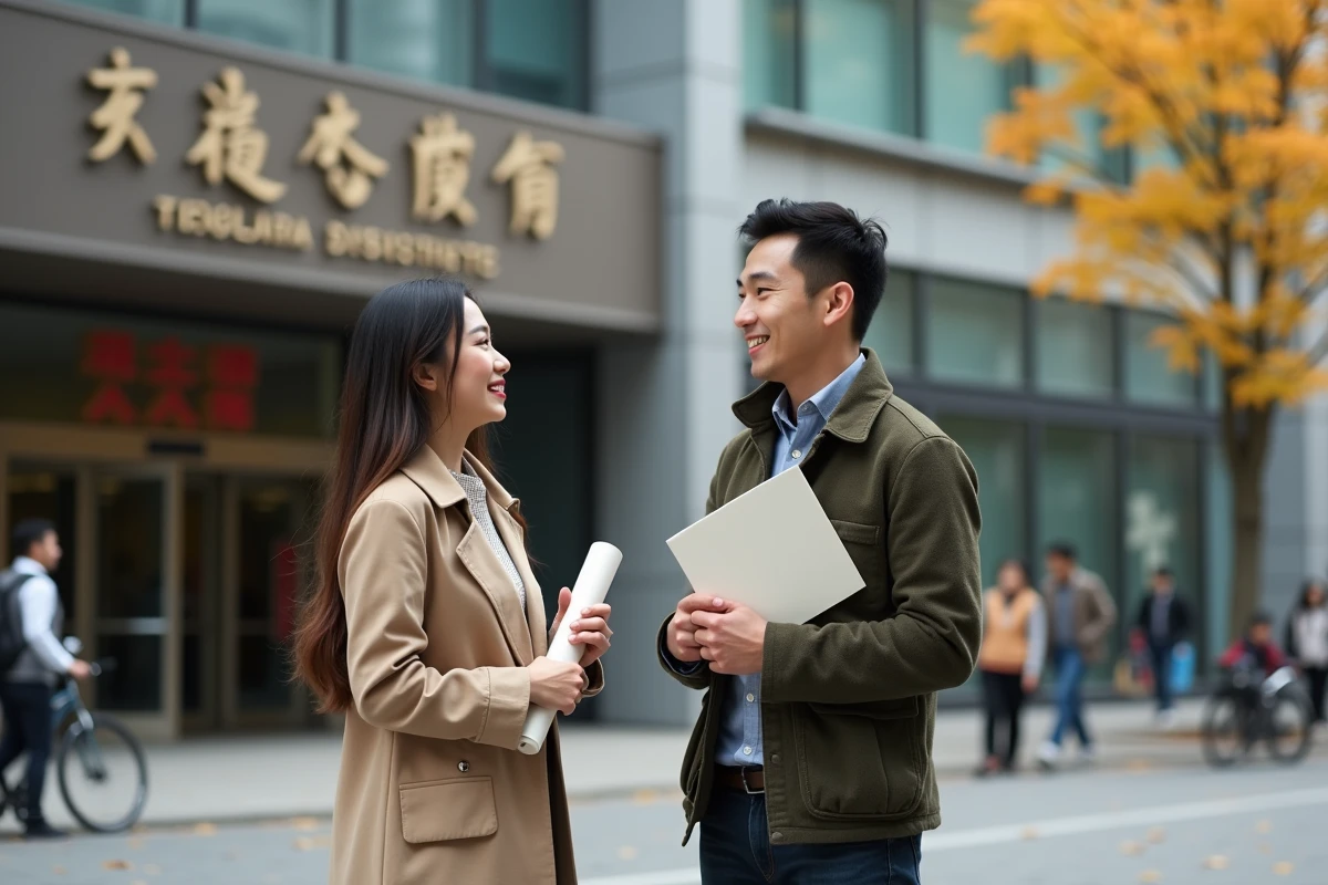 Deux étudiants anglophones diplômés devant un institut de langues à Shanghai tenant leurs certificats de japonais et de chinois