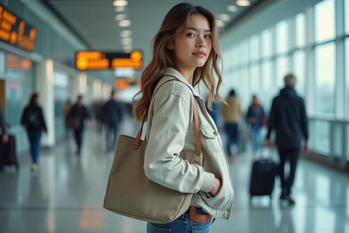 Diplômée BTS Tourisme marchant avec assurance dans un terminal d'aéroport vers sa carrière professionnelle